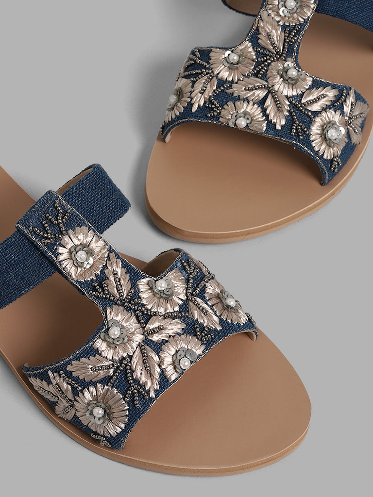 LUNA BLU Blue Embroidered Denim Sandals