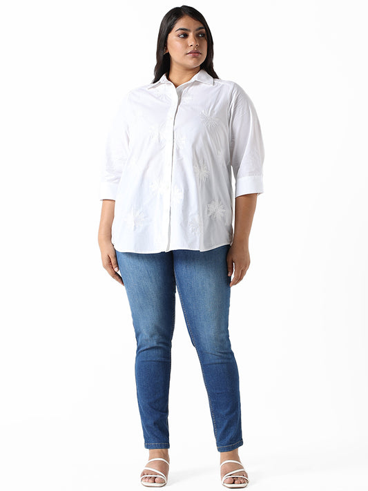 Gia White Embroidered Relaxed Fit Shirt