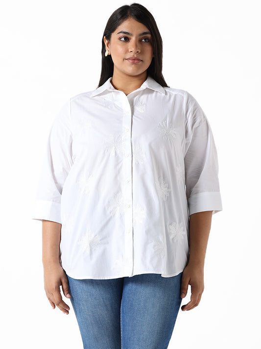 Gia White Embroidered Relaxed Fit Shirt