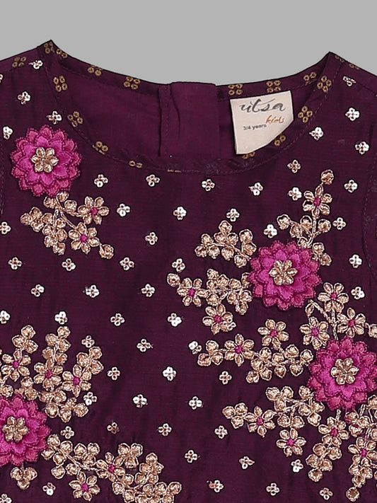 Utsa Kids by Dark Purple Floral Embroidered Maxi Dress