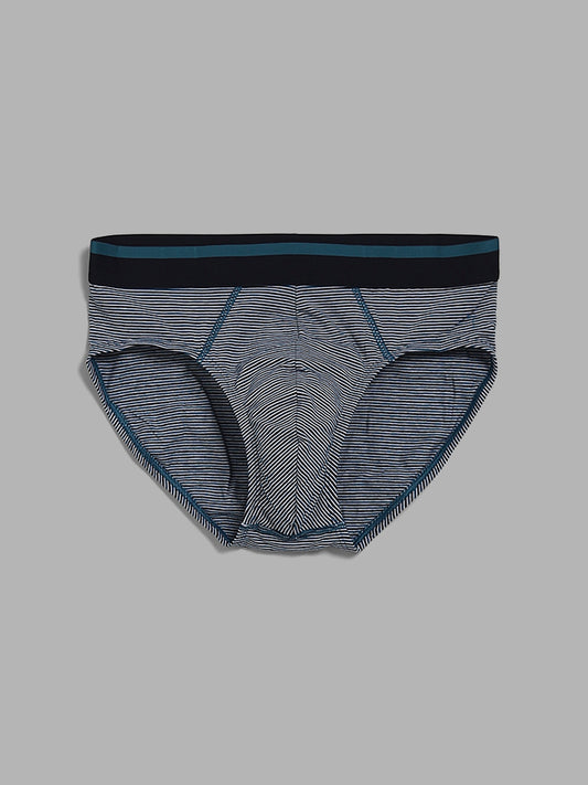 WES Lounge Solid & Striped Teal Cotton Briefs - Pack of 3