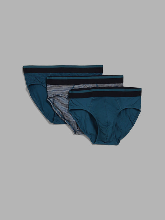 WES Lounge Solid & Striped Teal Cotton Briefs - Pack of 3