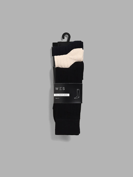 WES Lounge Black Self Striped Cotton Blend Full Length Socks - Pack of 3