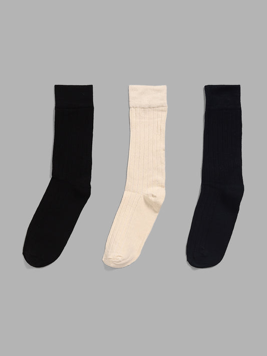 WES Lounge Black Self Striped Cotton Blend Full Length Socks - Pack of 3