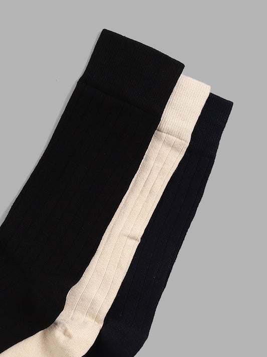 WES Lounge Black Self Striped Full Length Socks - Pack of 3