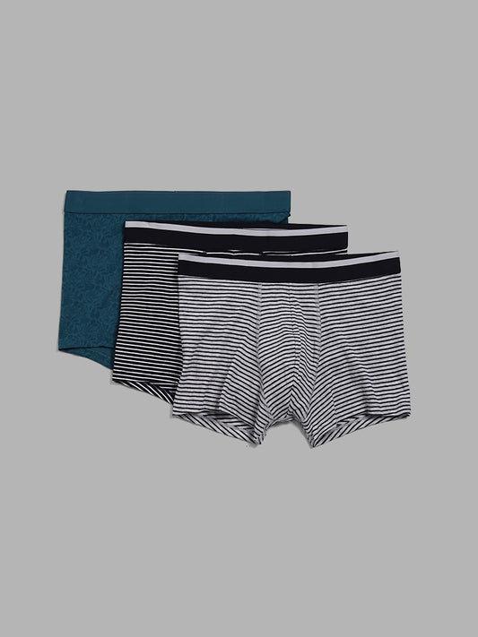 WES Lounge Solid & Striped Teal Trunks - Pack of 3