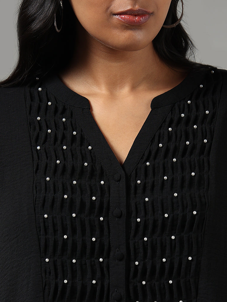 Gia Black Smock Pearl Embroidered Top