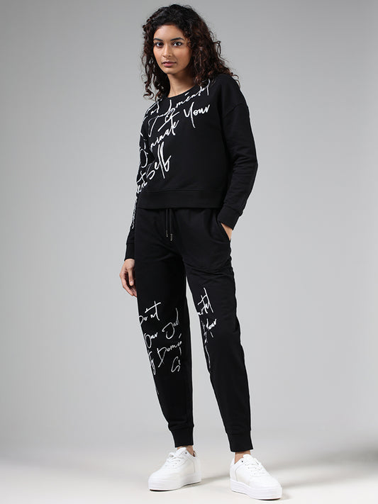 Studiofit Black Typographic Printed T-Shirt