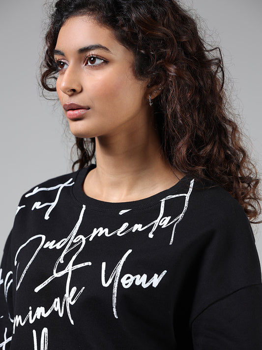 Studiofit Black Typographic Printed T-Shirt