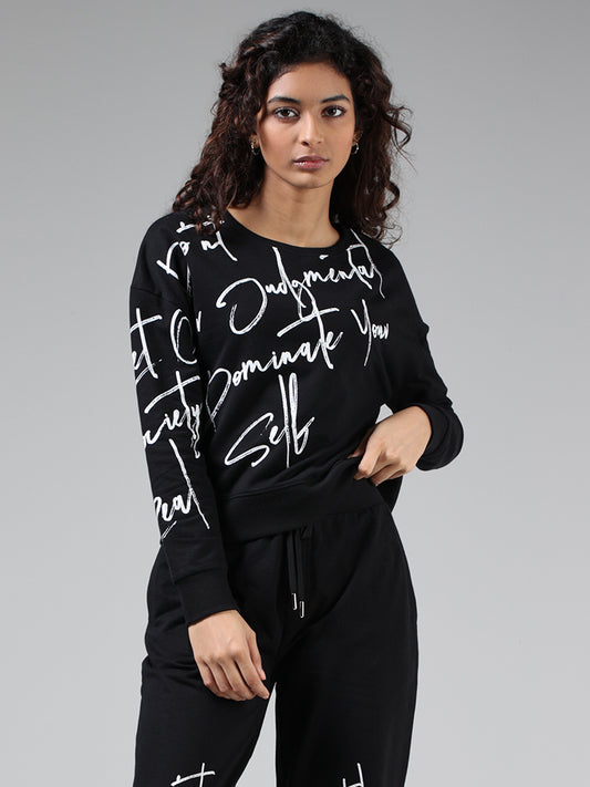 Studiofit Black Typographic Printed T-Shirt