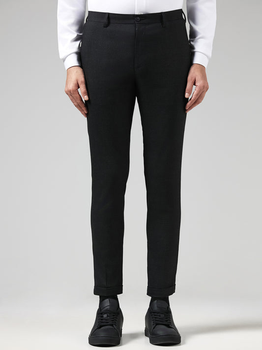 WES Formals Solid Charcoal Slim-Fit Low-Rise Trousers