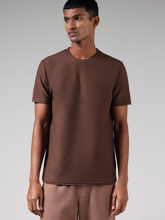 ETA Solid Brown Cotton Blend Slim Fit T-Shirt
