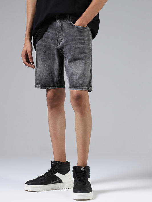 Nuon Charcoal Grey Slim-Fit Mid-Rise Denim Shorts