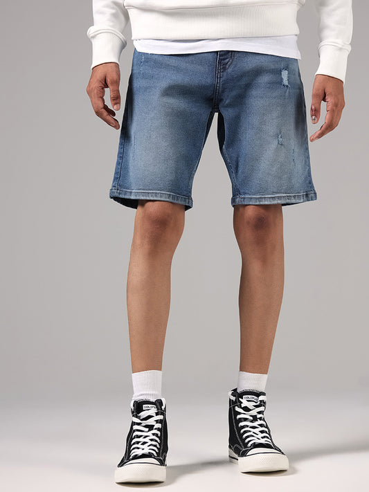Nuon Mid Blue Denim Distressed Relaxed Fit Shorts