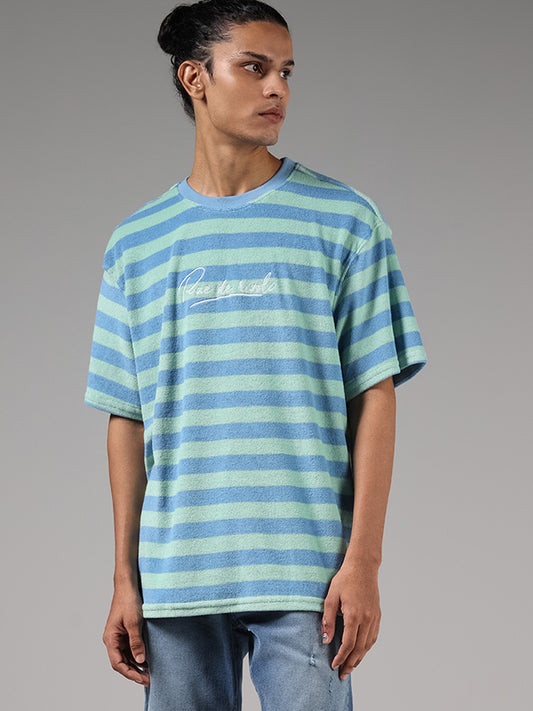 Nuon Blue Striped Typographic Relaxed Fit T-Shirt