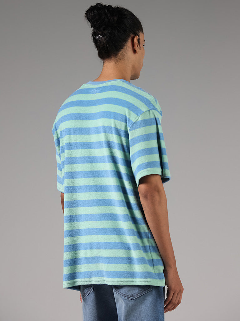 Nuon Blue Striped Typographic Relaxed Fit T-Shirt