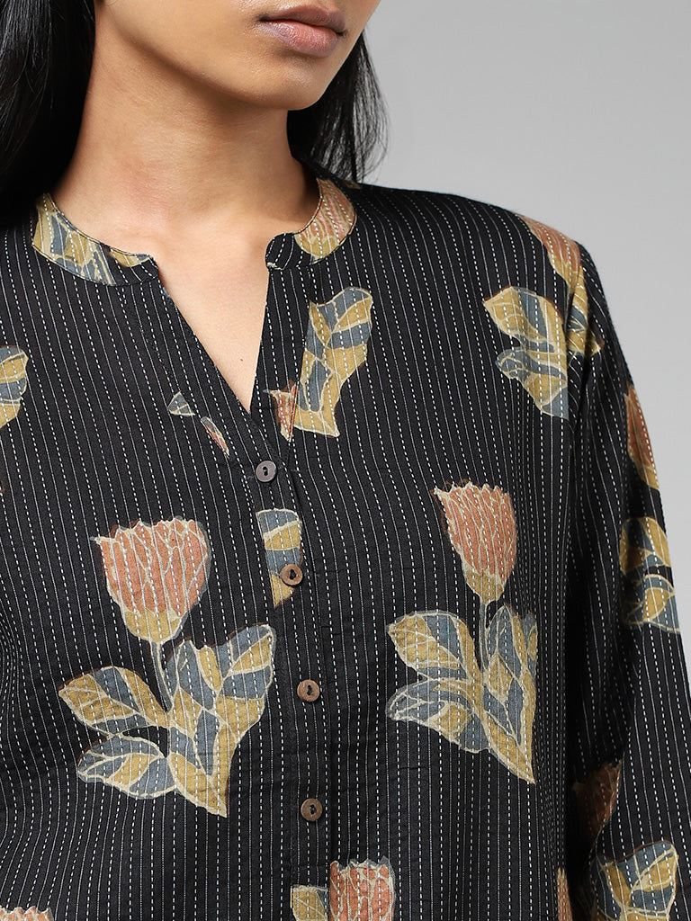 Utsa Black Tulip Printed & Kantha Embroidery Straight Kurta