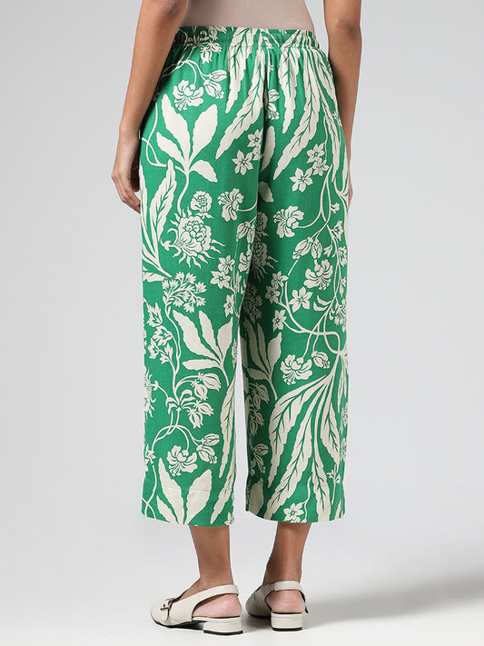 Utsa Green Floral Printed Wide-Leg Pants