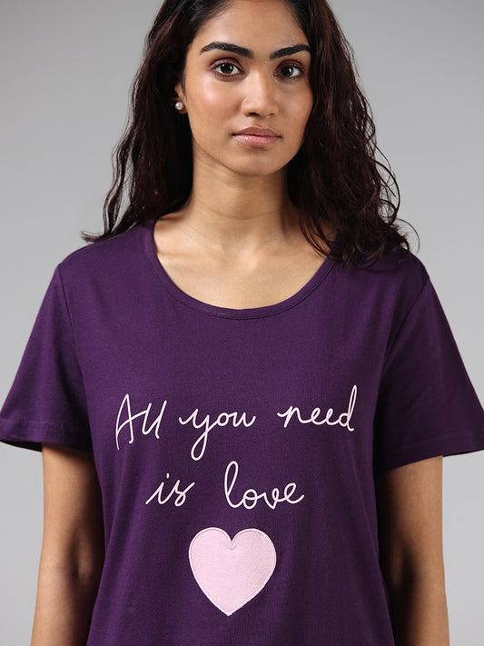 Wunderlove Violet Printed T-Shirt and Polka Dotted Pyjamas