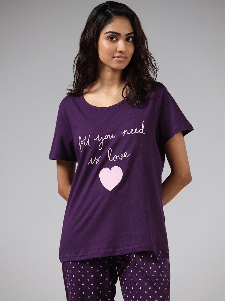 Buy Wunderlove Violet Printed T-Shirt and Polka Dotted Pyjamas With Bag  from Westside