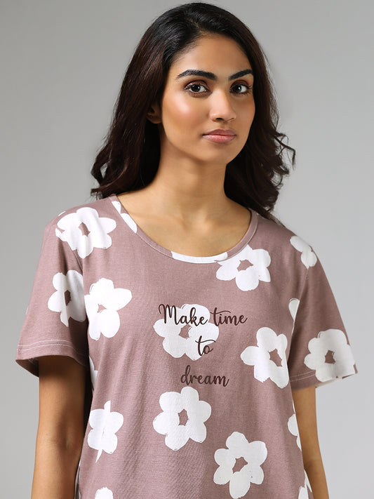 Wunderlove Brown Flower Print Cotton T-Shirt and Pyjamas Set