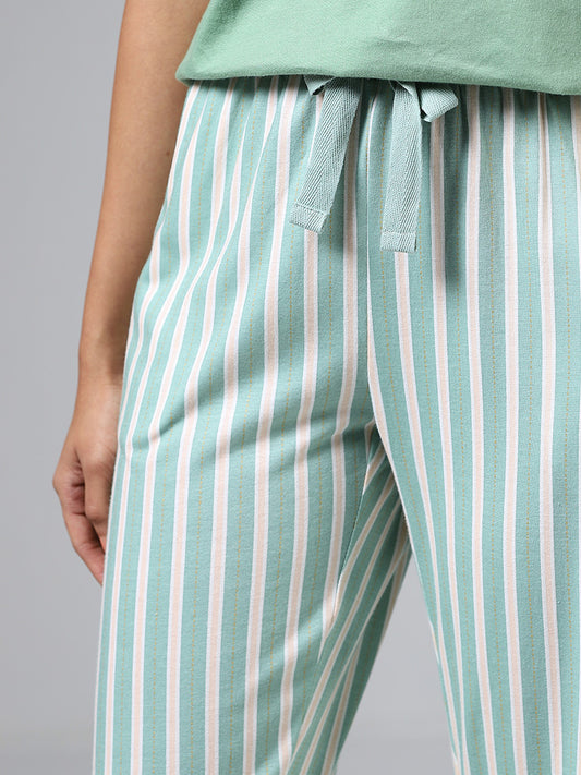 Wunderlove Sage Green Striped Cotton Pyjamas