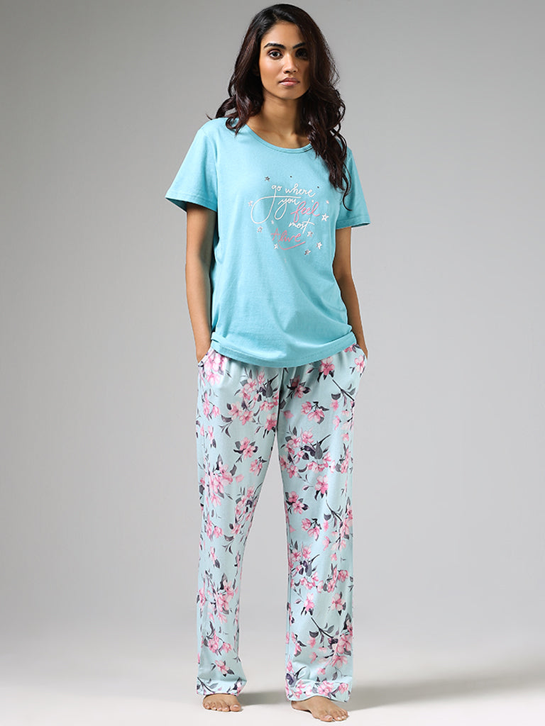 Wunderlove Sea Blue Flower Printed Pyjamas