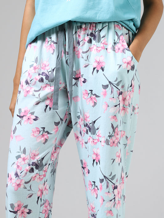 Wunderlove Sea Blue Flower Printed Pyjamas