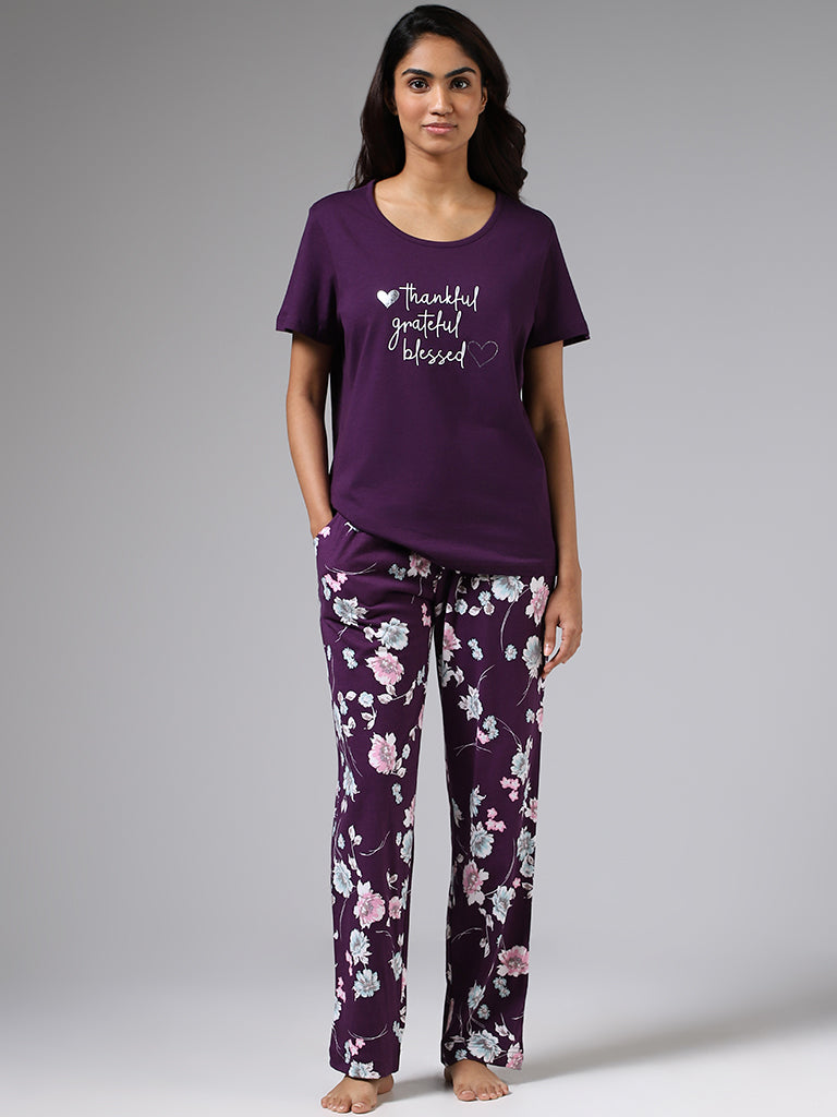 Wunderlove Dark Purple Floral Printed Pyjamas