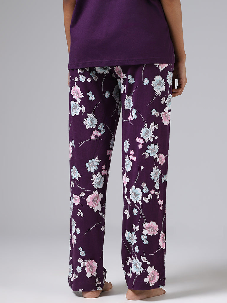 Wunderlove Dark Purple Floral Printed Pyjamas