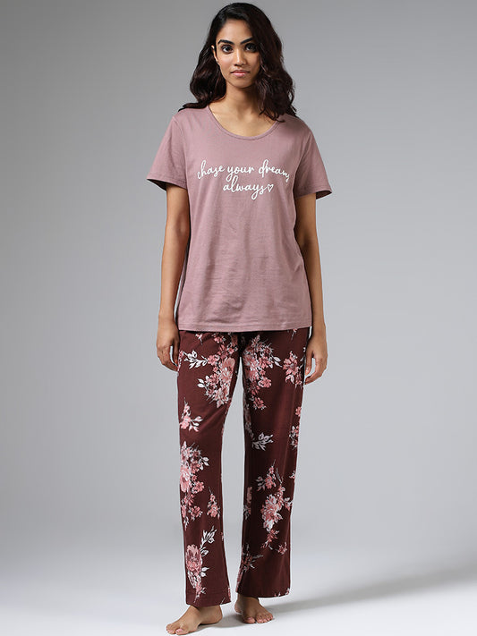 Wunderlove Chocolate Brown Floral Printed Pyjamas