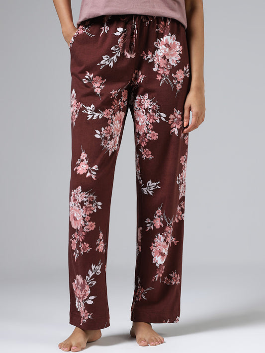 Wunderlove Chocolate Brown Floral Printed Pyjamas