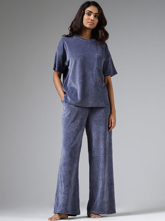 Wunderlove Blue Self Striped Supersoft Pyjamas