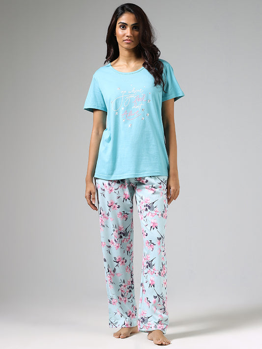 Wunderlove Sea Blue Typographic Printed T-Shirt