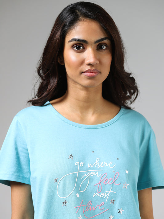 Wunderlove Sea Blue Typographic Printed T-Shirt