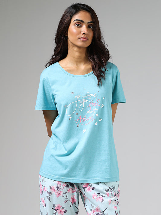 Wunderlove Sea Blue Typographic Printed T-Shirt