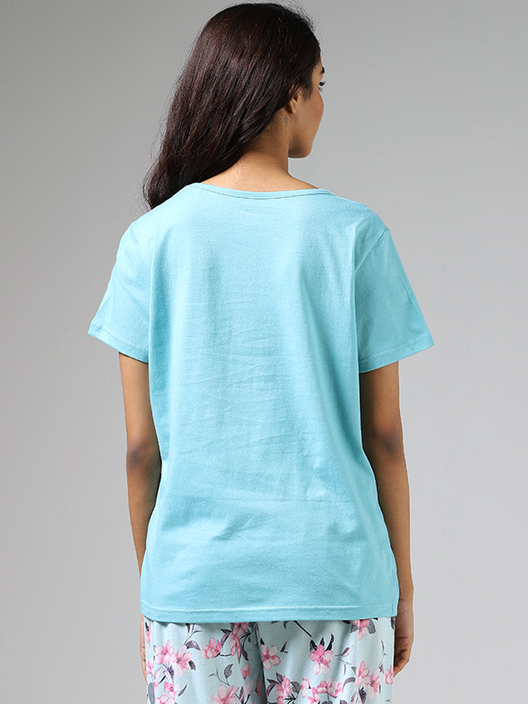Wunderlove Sea Blue Typographic Printed Cotton T-Shirt