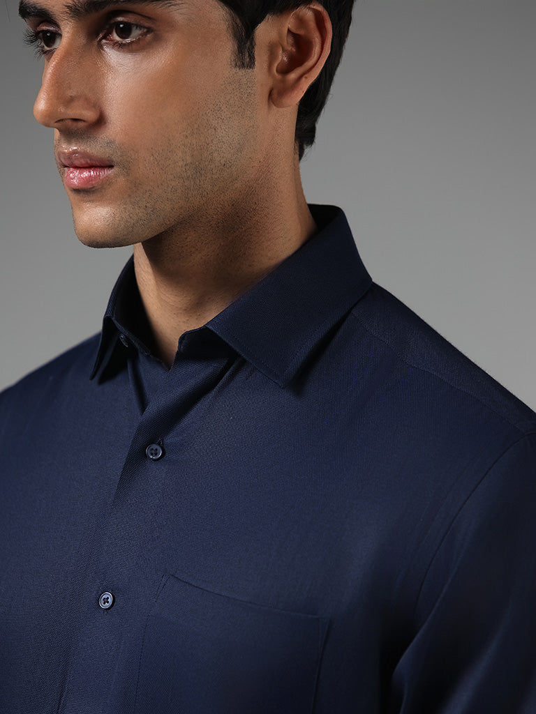 WES Formals Solid Navy Relaxed Fit Shirt