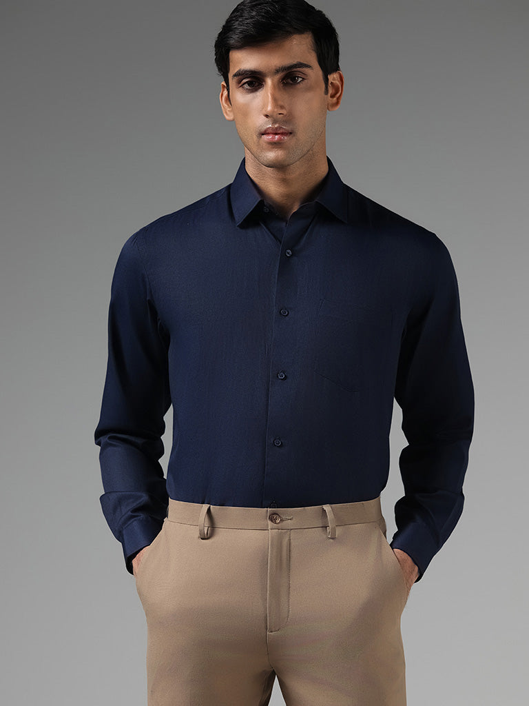 WES Formals Solid Navy Relaxed Fit Shirt
