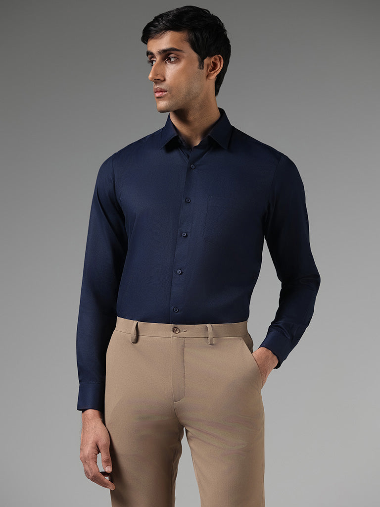 WES Formals Solid Navy Slim Fit Shirt