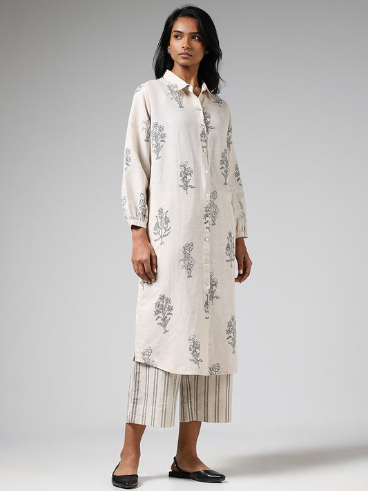 Zuba Off White Floral Printed Buttoned Down Kurta