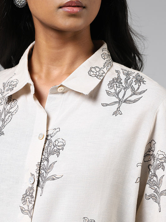Zuba Off White Floral Printed Buttoned Down Kurta