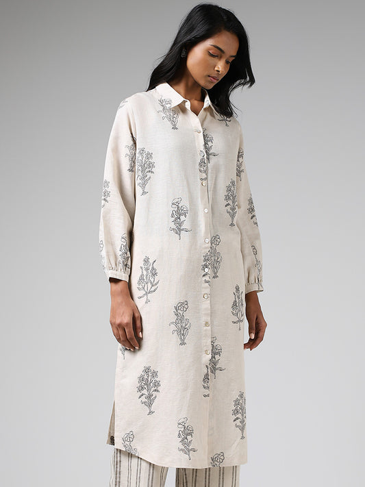 Zuba Off White Floral Printed Buttoned Down Kurta