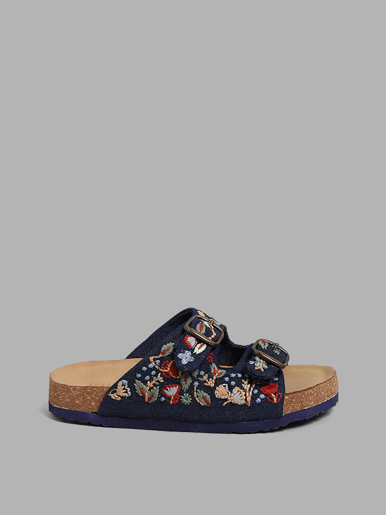 Yellow Navy Blue Floral Embroidered Multi-Strap Sandals