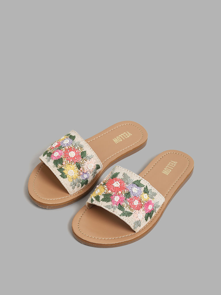 Yellow Floral Embroidered Light Beige Slides