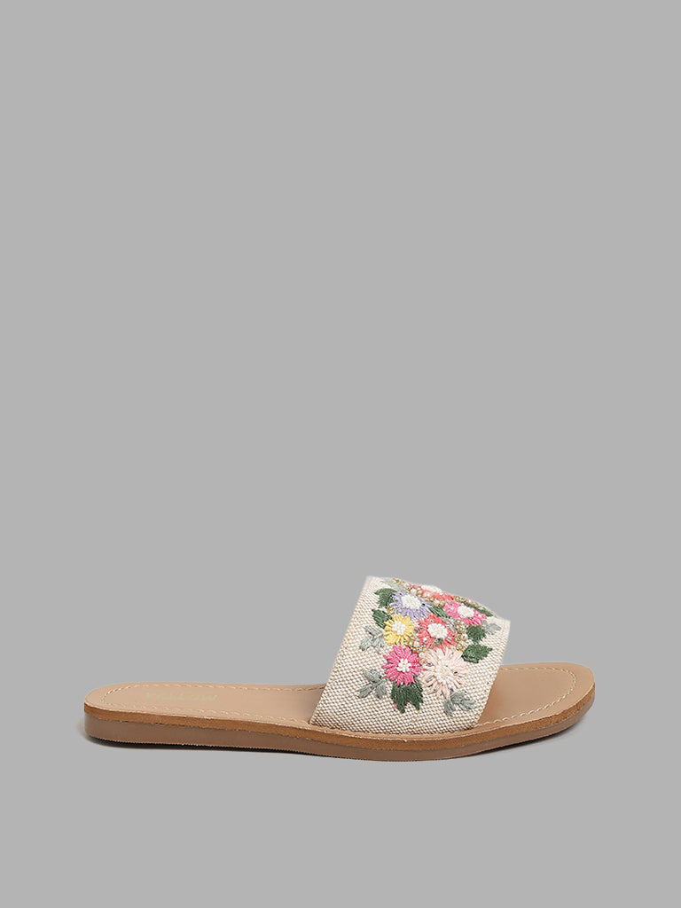 Yellow Floral Embroidered Light Beige Slides