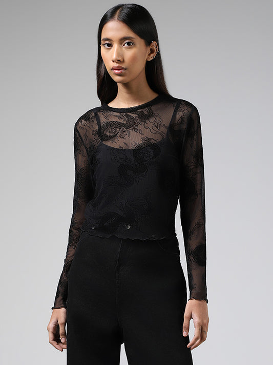 Nuon Black Abstract-Patterned Mesh Crop Top