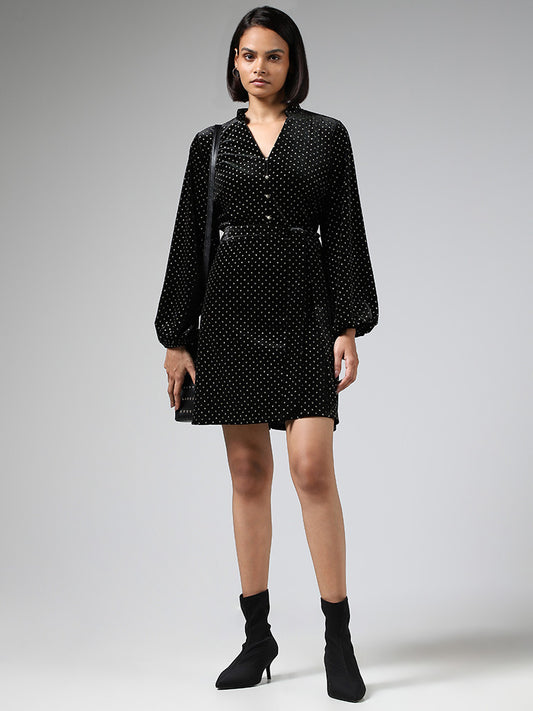 Wardrobe Black Polka Dot Printed Velvet Dress with Belt