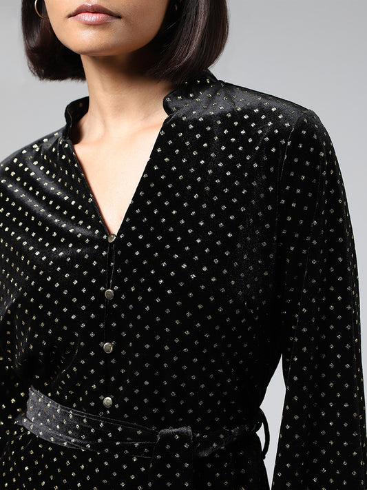 Wardrobe Black Polka Dot Printed Velvet Dress with Belt