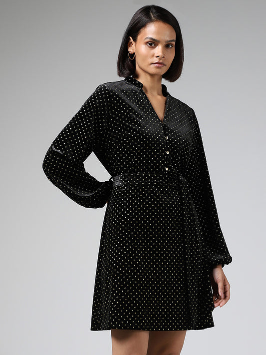 Wardrobe Black Polka Dot Printed Velvet Dress with Belt